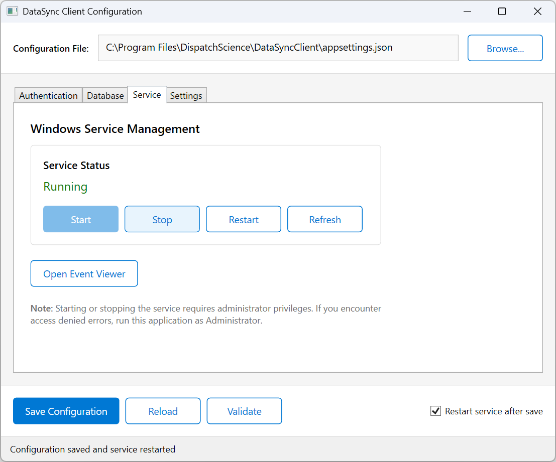 Configuration Tool Service Tab